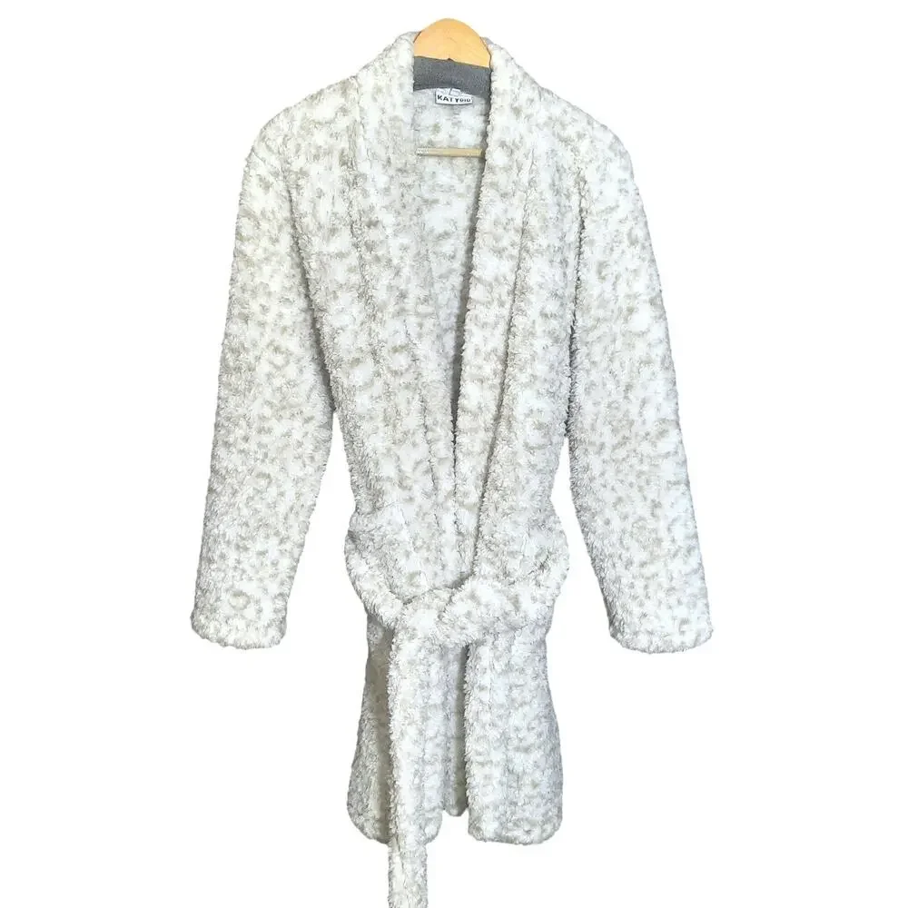 Katy Did Snow Leopard Print Sherpa Like Womens Bath Robe With Pockets Size M